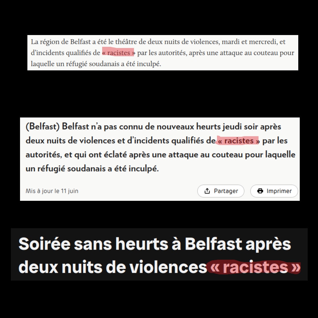 Le Devoir, la Presse et Radio-Canada qui ajoute des guillemets autour du mot « raciste » pour décrire le pogrom de Belfast