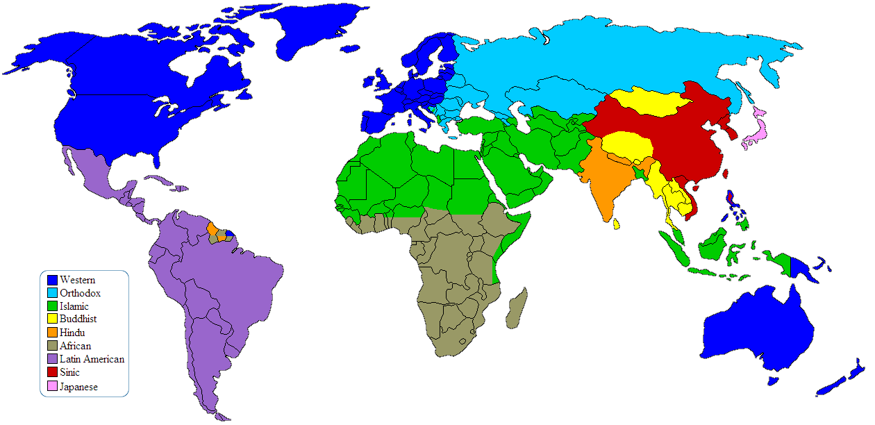 La carte du monde des civilisations, selon Samuel Huntington